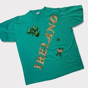 Vintage Green St. Patrick's Day T-Shirt Sequin Leprechaun Clovers XL